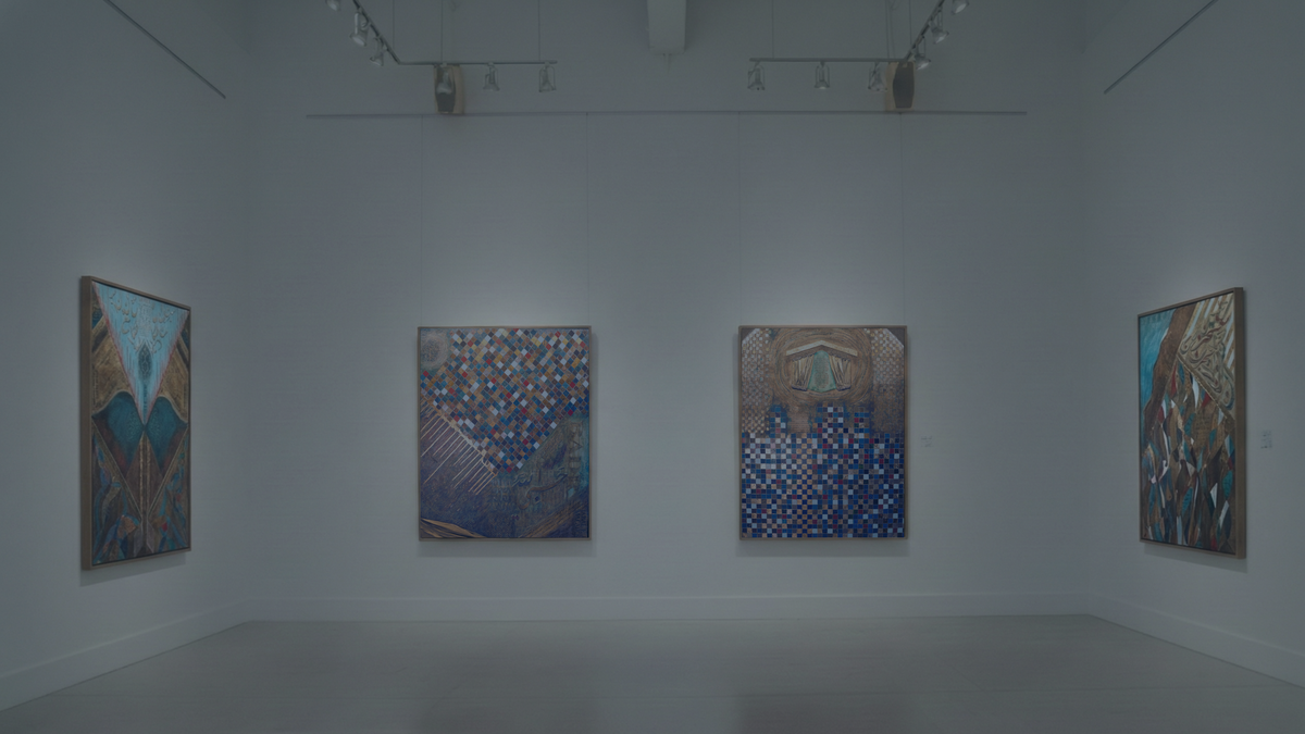 Saleha Contractor's four Seerah paintings in a gallery: The Hijrah, Battle of Badr, Conquest of Makkah and Battle of Uhud