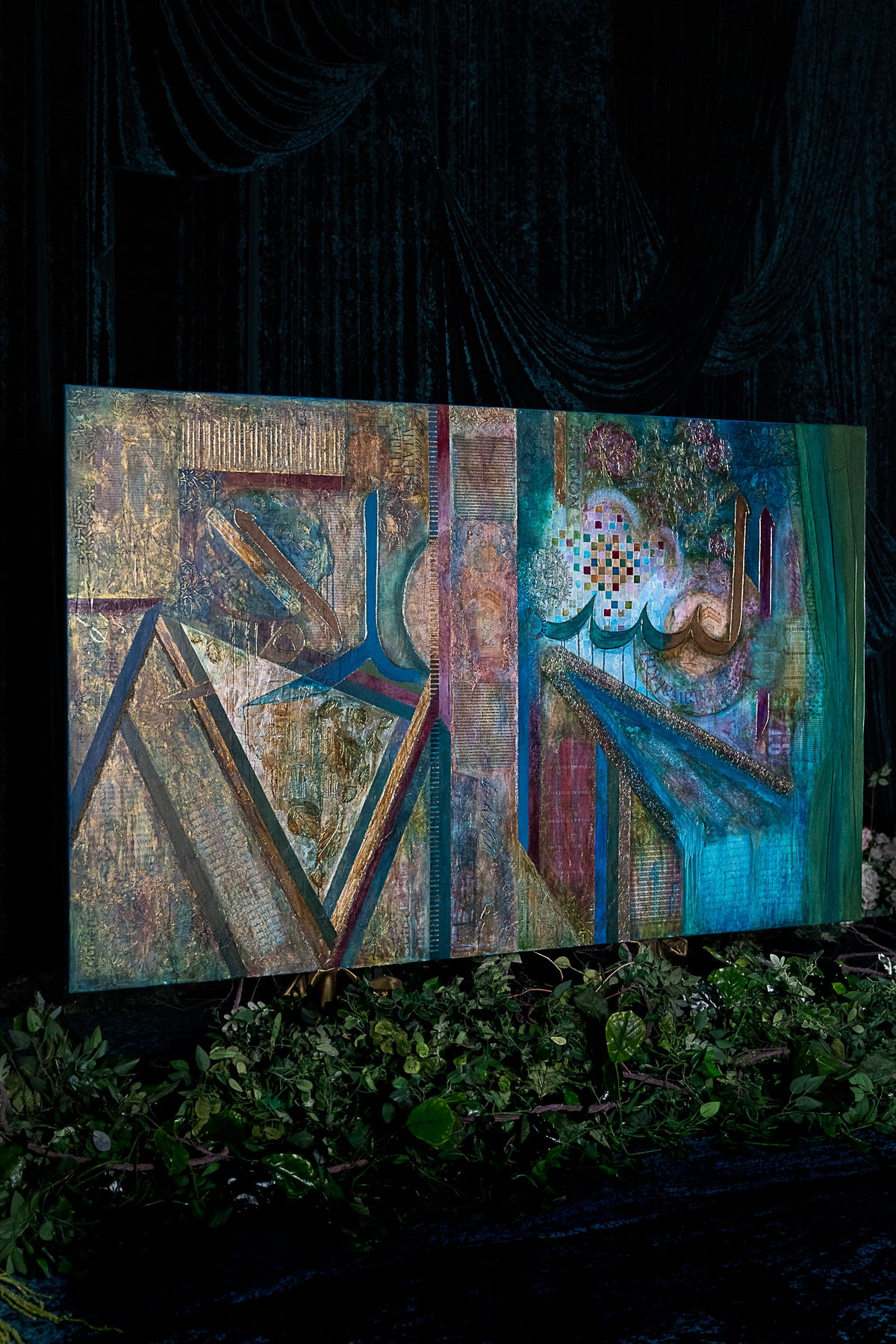 Giver of Peace original Islamic painting by Saleha: large canvas with As-Salam calligraphy, the mountains of Safa and Marwa and the gardens of Jannah, displayed at night