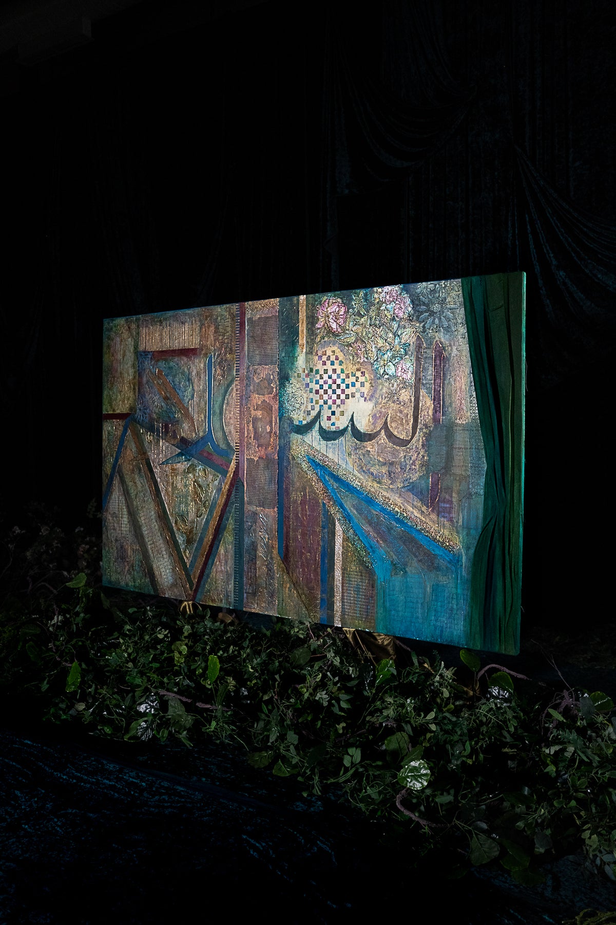 Giver of Peace painting, angled view at night