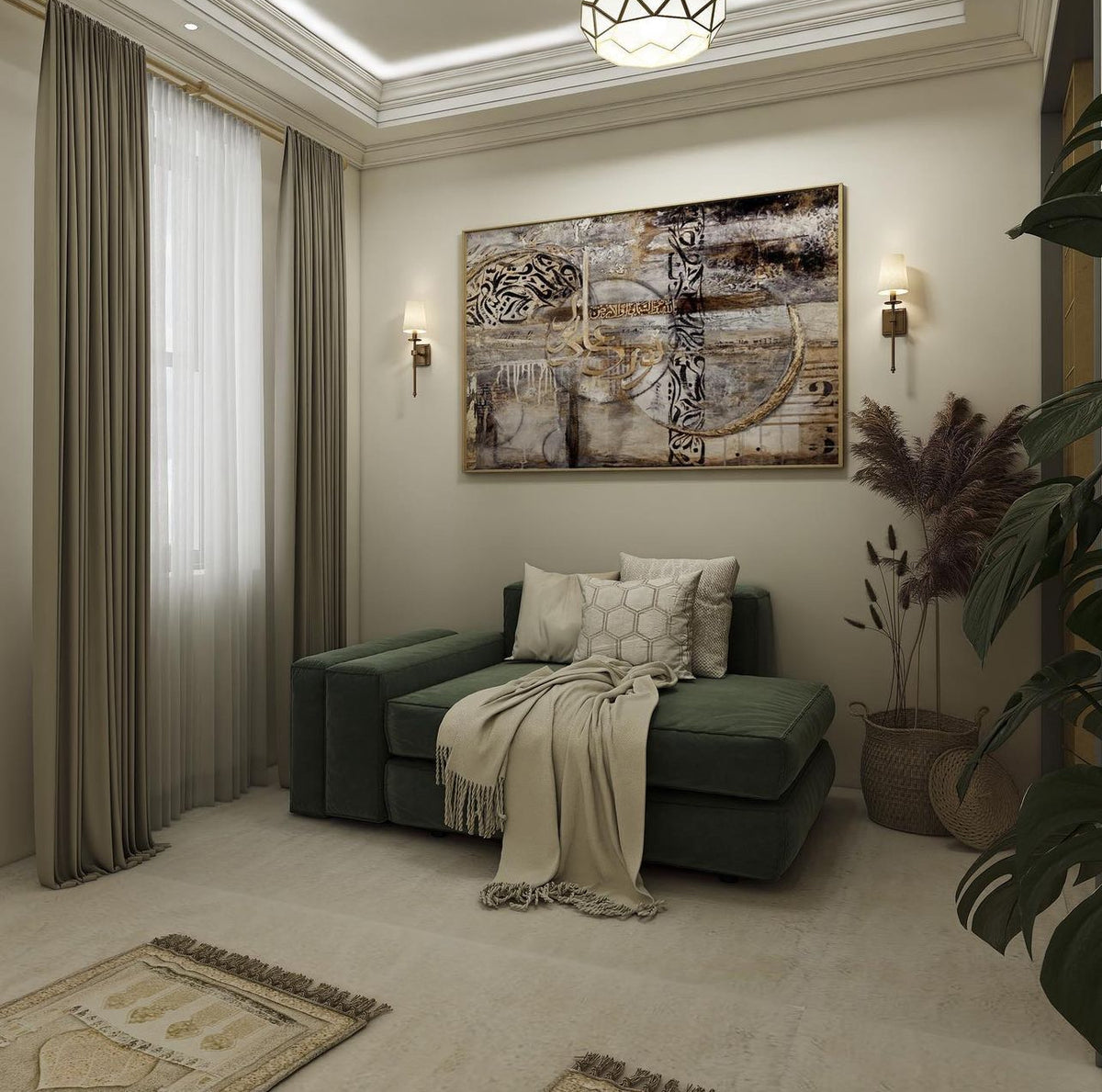 Large Noor Ala Noor Arabic calligraphy canvas in a modern Muslim living room