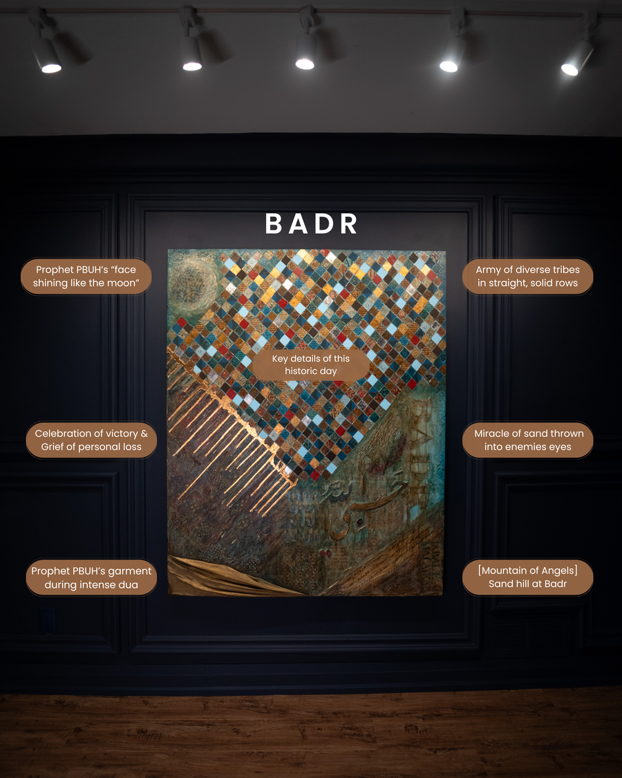 The Battle of Badr painting with labels explaining each part: the Prophet's face shining like the moon, the army in straight rows, the miracle of the sand