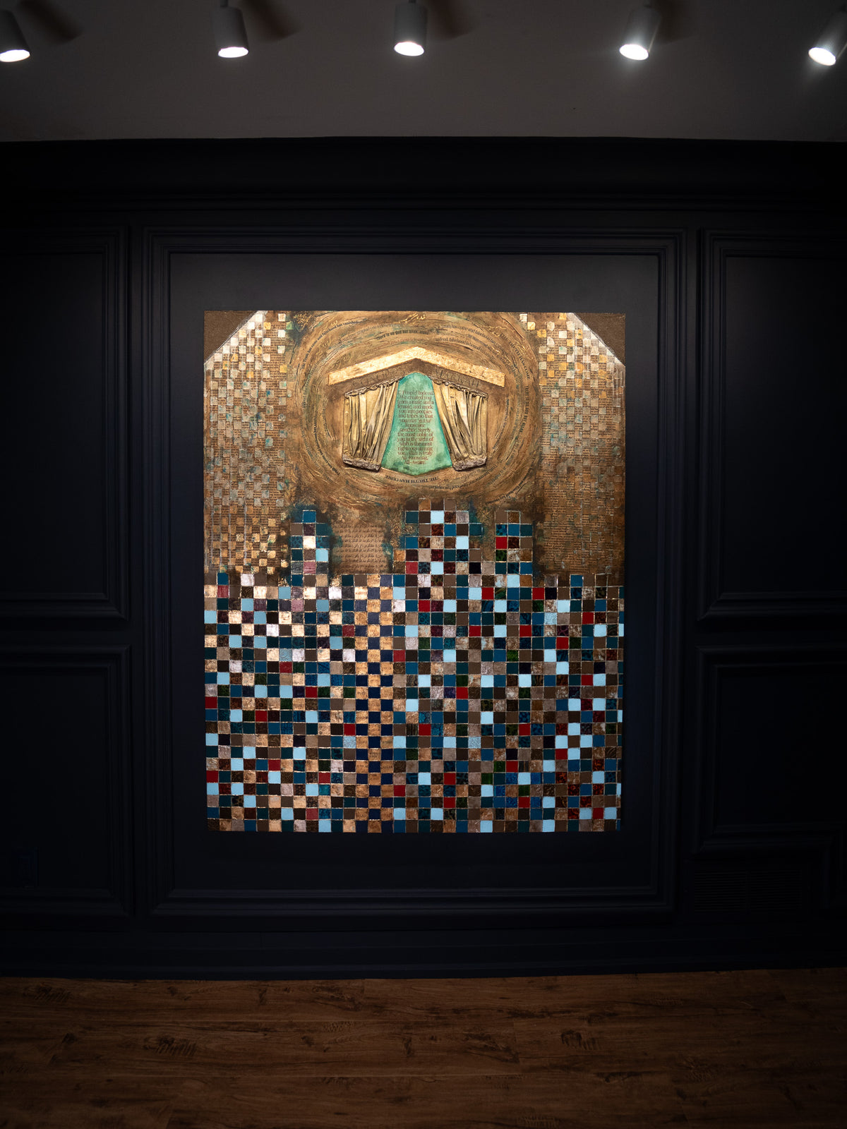 Conquest of Makkah original Seerah painting by Saleha: gold Kaaba door and green panel above a colourful mosaic, in a dark gallery
