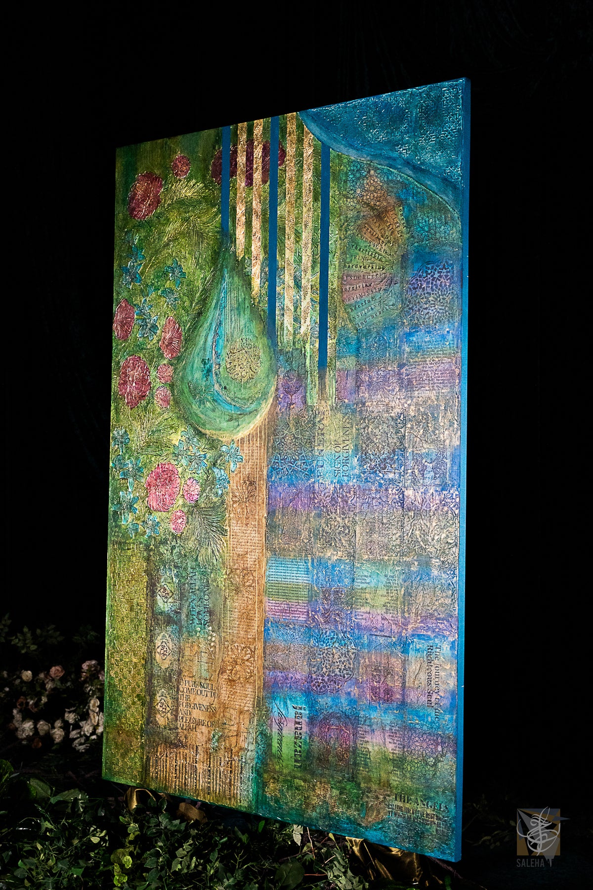 Departing Soul painting, angled view at night