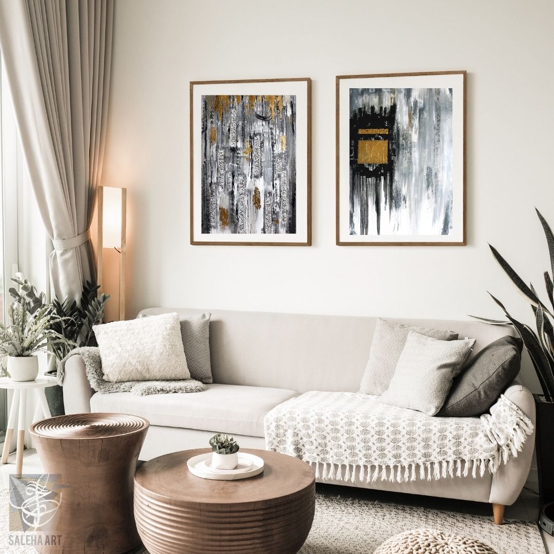 Four Quls and Kaaba framed prints above a white sofa, modern Islamic home decor