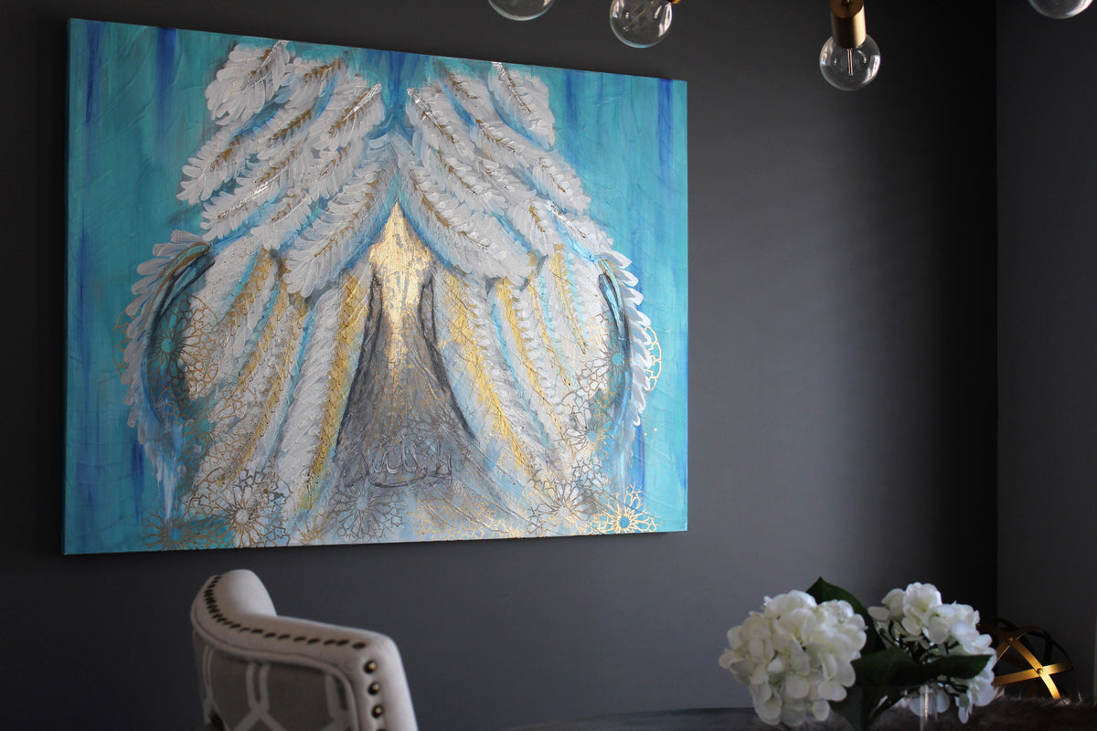 Angel Jibreel original Islamic painting by Saleha: blue, white and gold wings inspired by Laylatul Qadr, on a dark wall
