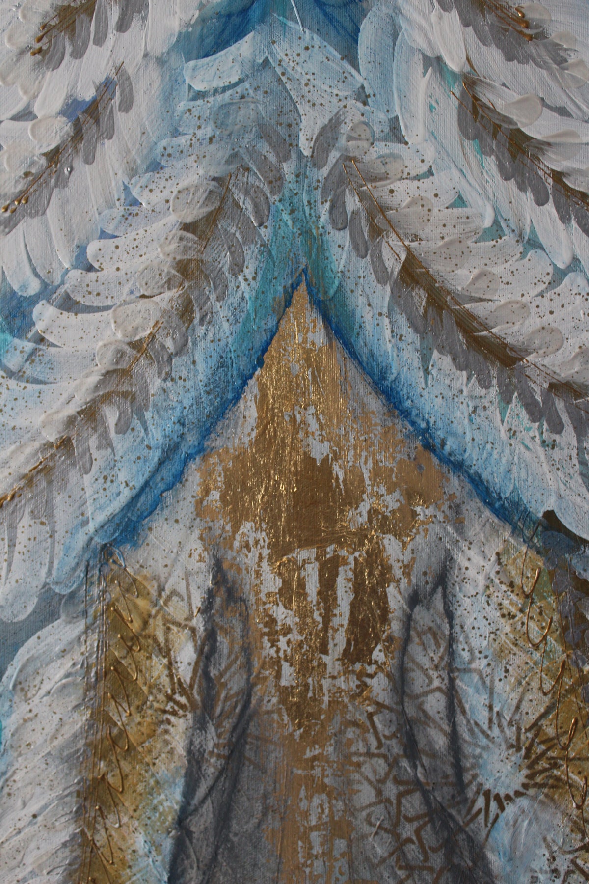 Close-up of gold and white feathered wings on the Angel Jibreel original canvas