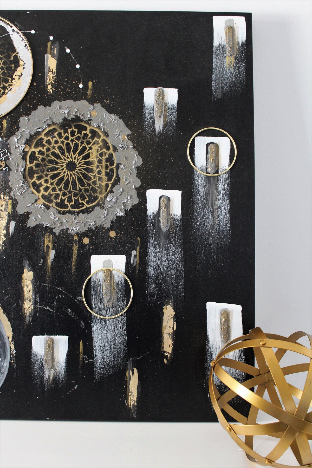 Gold mandala moon and white streaks on the Night Prayer original canvas