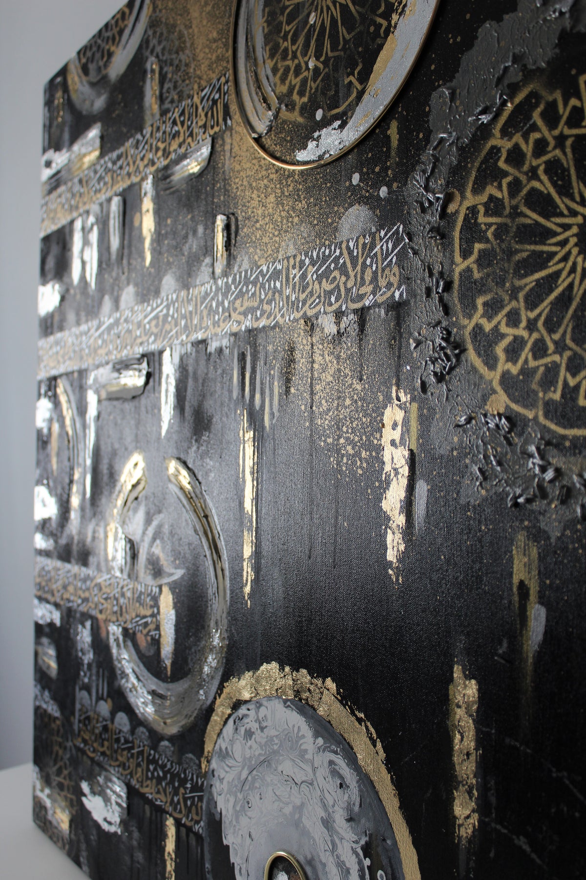 Night Prayer original canvas with gold circular moons, side view