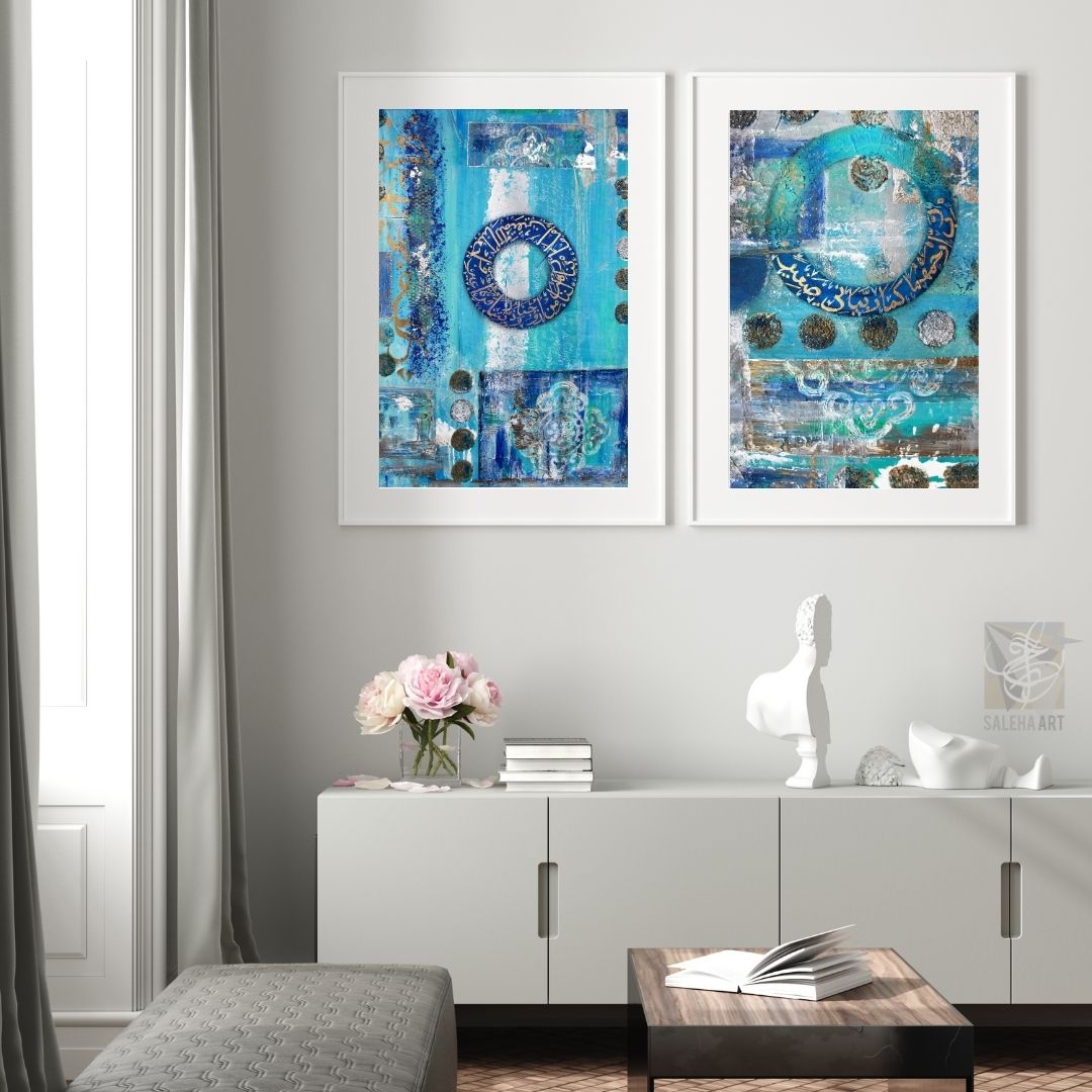 Coolness of Eyes Dua wall art pair above a white sideboard, Islamic family room decor