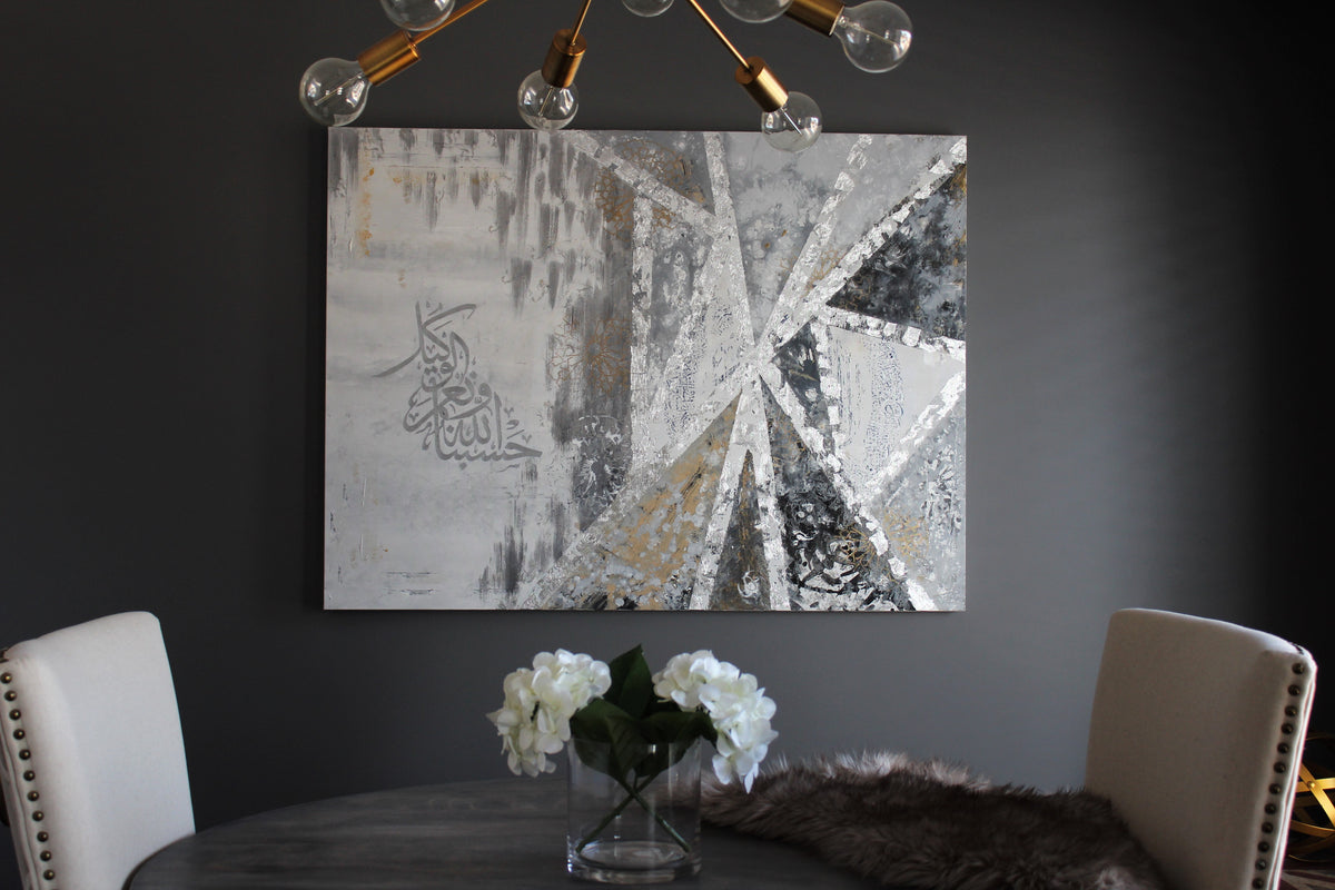 Miracles original Islamic painting by Saleha: grey, white and silver canvas inspired by Prophet Musa parting the sea, above a dining table