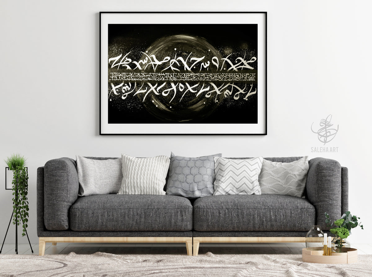 Golden Love framed print above a grey sofa